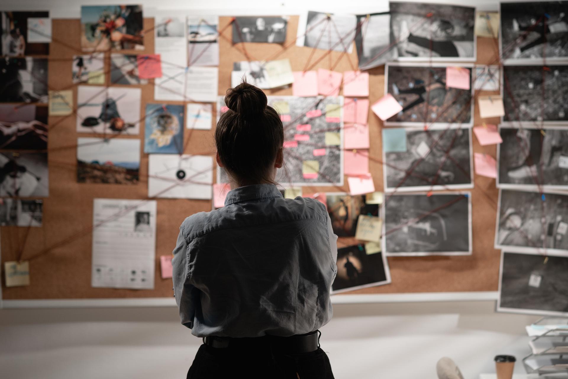 Female detective looking attentively at investigation board, back view.